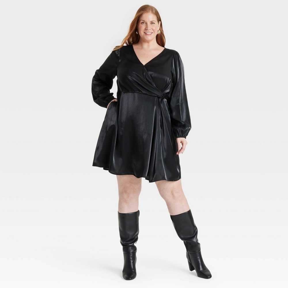 Ava & Viv NWT Black Satin Balloon Sleeve Midi Wrap Dress Women's 3X